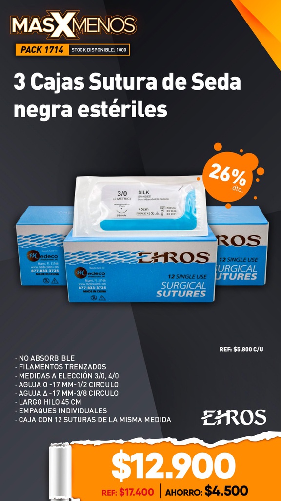 3 Cajas Sutura de Seda negra estéril Ehros