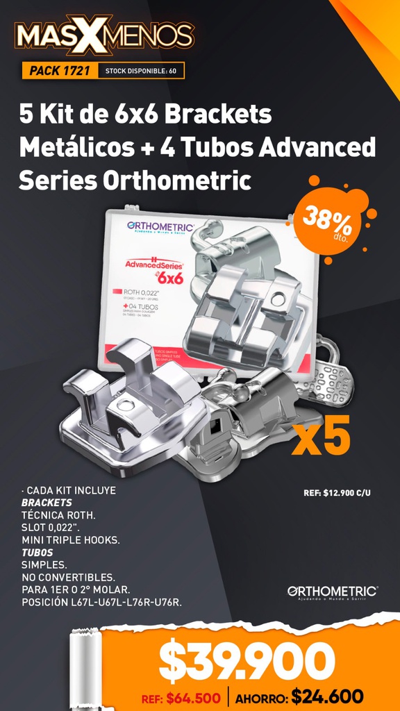 5 Kit de 6x6 Brackets Metálicos con 4 Tubos Advanced Series Orthometric