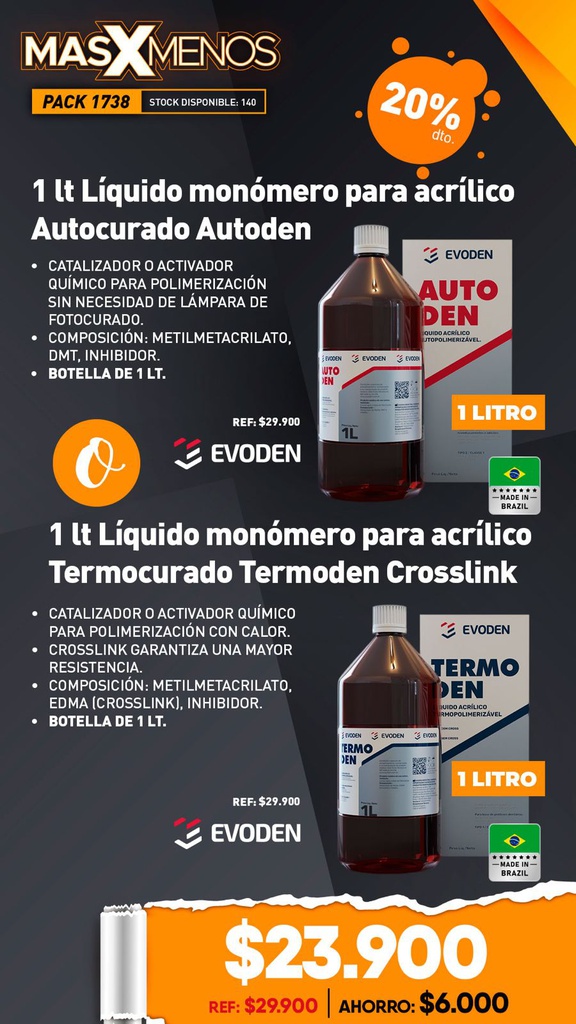 1 Líquido monómero para acrílico Autocurado Autoden o Termocurado Termoden Crosslink 1 lt Evoden