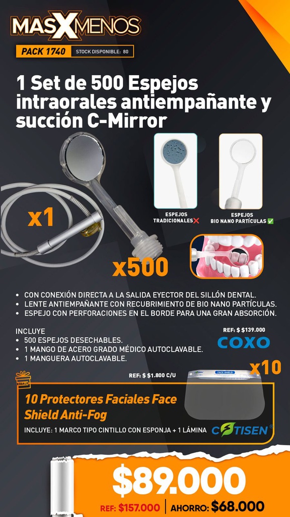 1 Set de 500 Espejos intraorales antiempañante y succión C-Mirror Coxo + Regalo