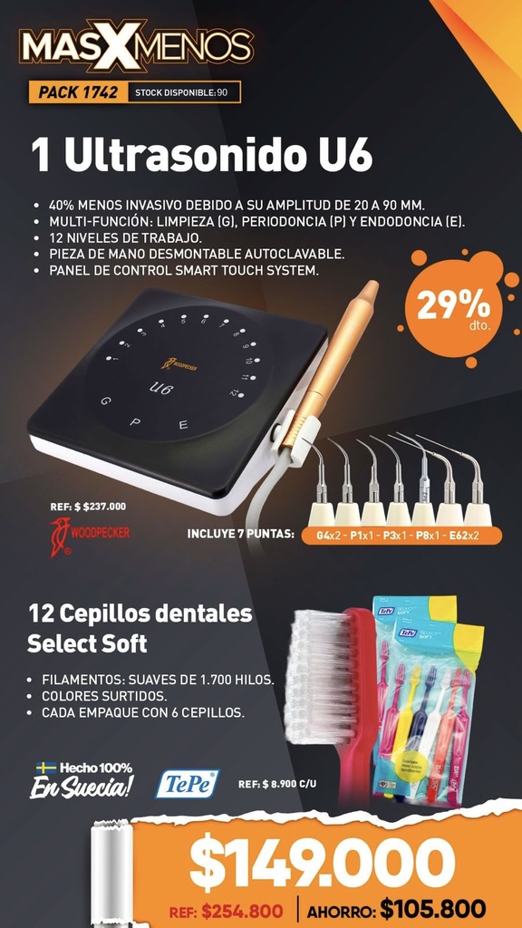 1 Ultrasonido U6 Woodpecker + 12 Cepillos dentales Select Soft Tepe