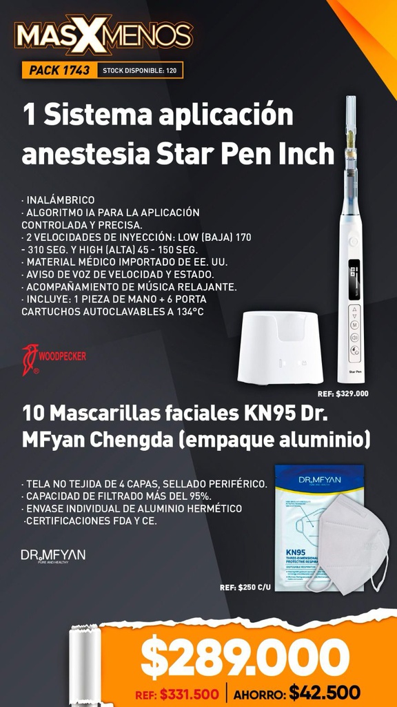1 Sistema aplicación anestesia Star Pen Inch Woodpecker + 10 Mascarillas faciales KN95 Dr. MFyan Chengda (empaque aluminio)