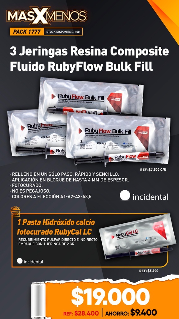 3 Jeringas Resina Composite Fluido RubyFlow Bulk Fill Incidental + Regalo