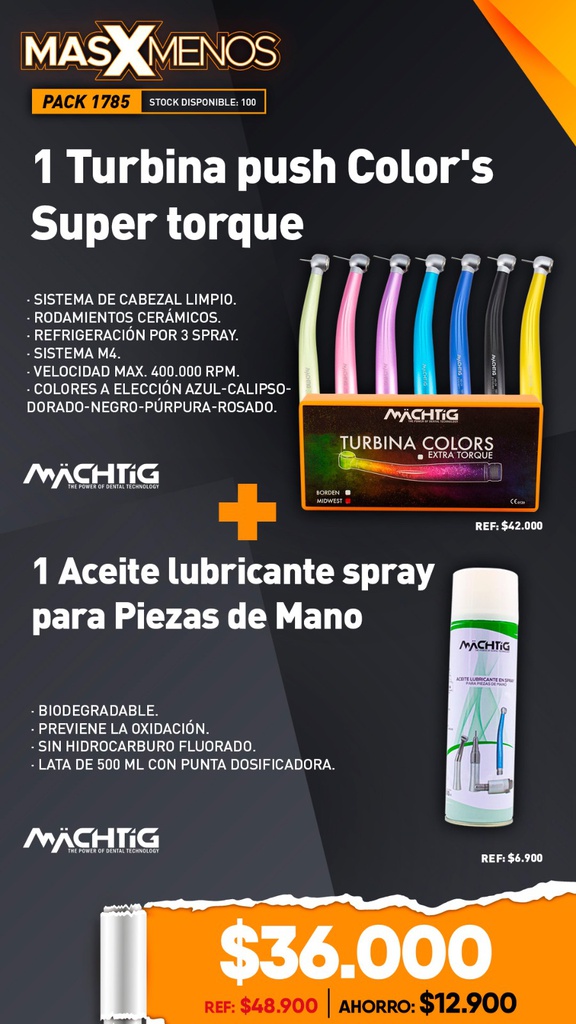1 Turbina push Color's Machtig + 1 Aceite lubricante spray para Piezas de Mano Machtig