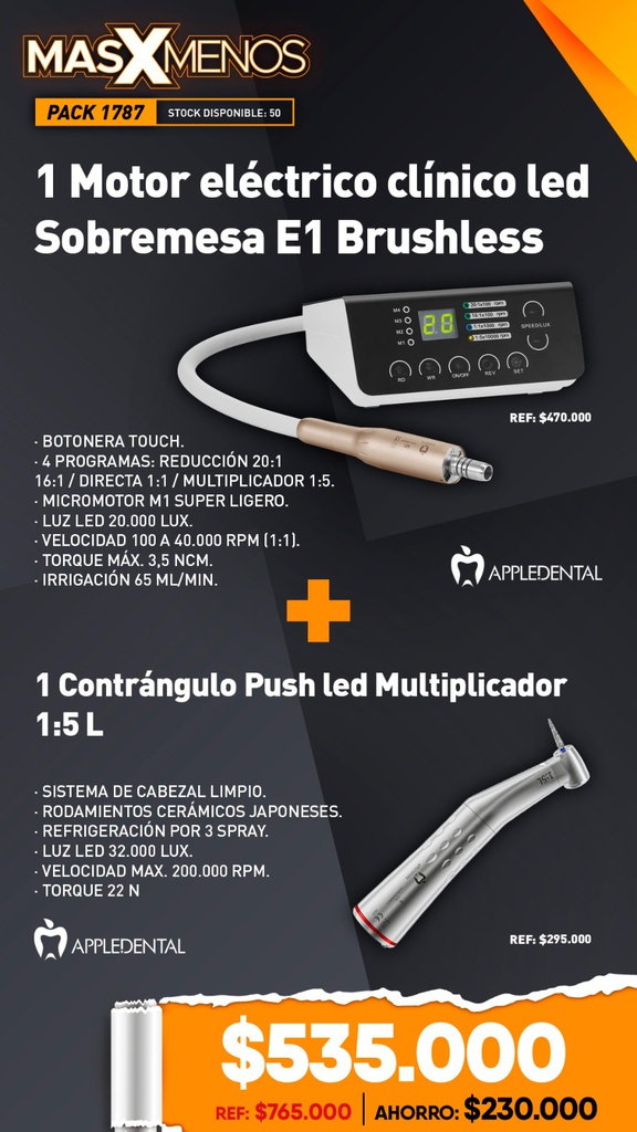 1 Motor eléctrico clínico led Sobremesa E1 Brushless + 1 Contrángulo Push led Multiplicador 1:5 L Appledental (Anillo rojo)