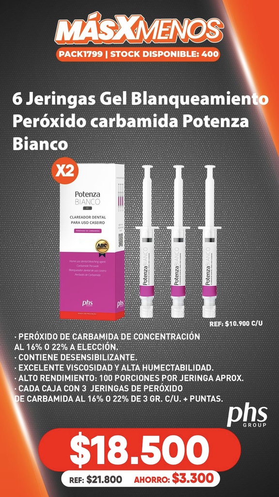6 Jeringas Gel Blanqueamiento Peróxido carbamida Potenza Bianco PHS