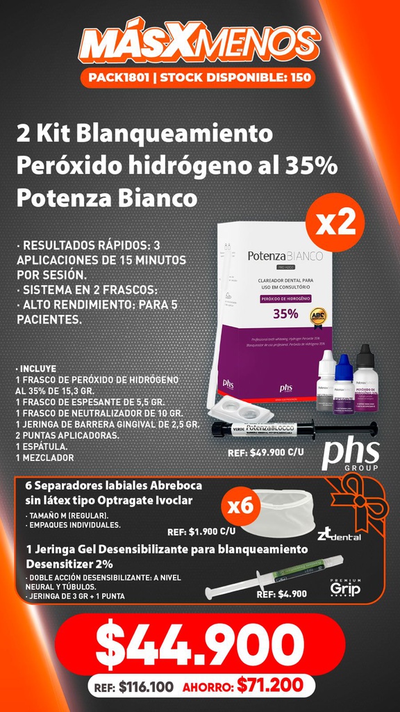2 Kit Blanqueamiento Peróxido hidrógeno al 35% Potenza Bianco PHS + Regalos