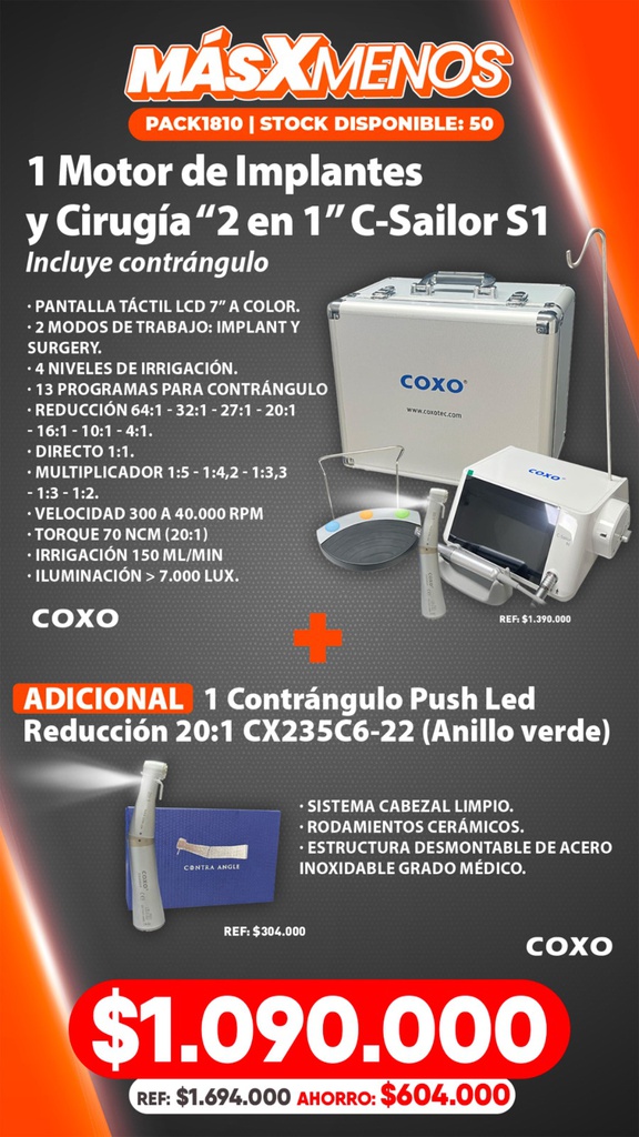 1 Motor de Implantes y Cirugía C-Sailor S1 Brushless + 1 Contrángulo Push Led Reducción 20:1 Coxo CX235C6-22 (Anillo verde)