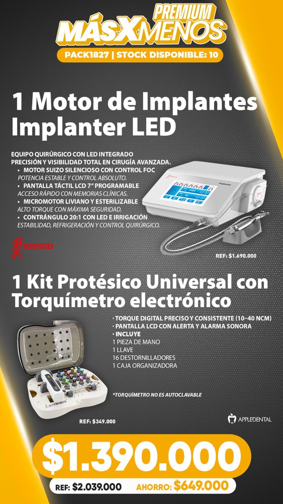 1 Motor de Implantes Implanter LED Woodpecker + 1 Kit Protésico Universal con Torquímetro electrónico Appledental