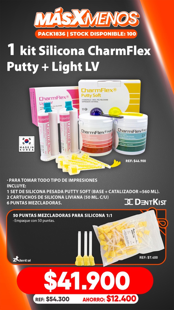 1 Kit Silicona Adición CharmFlex Putty + Light LV Dentkist + Regalo