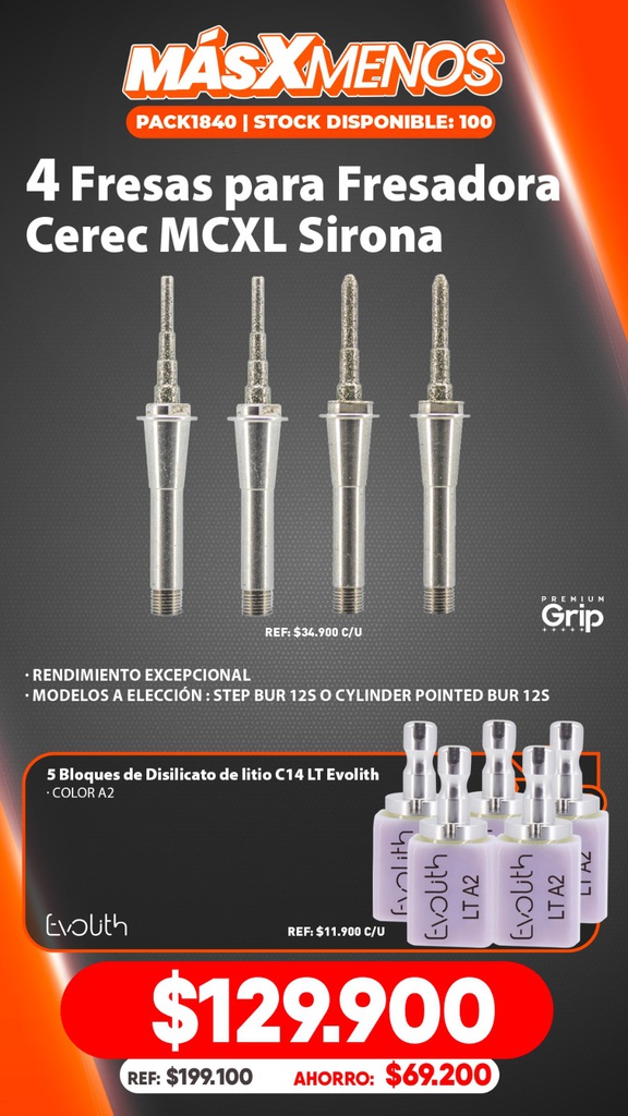 4 Fresas para Fresadora Cerec MCXL Sirona Premium grip + Regalo