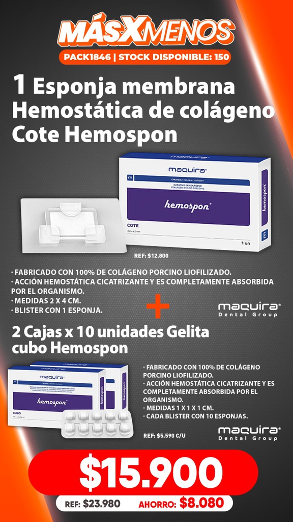1 Esponja membrana Hemostática Cote Hemospon + 2 Cajas de 10 Esponjas gelita Hemostática Cubo Hemospon Maquira Group
