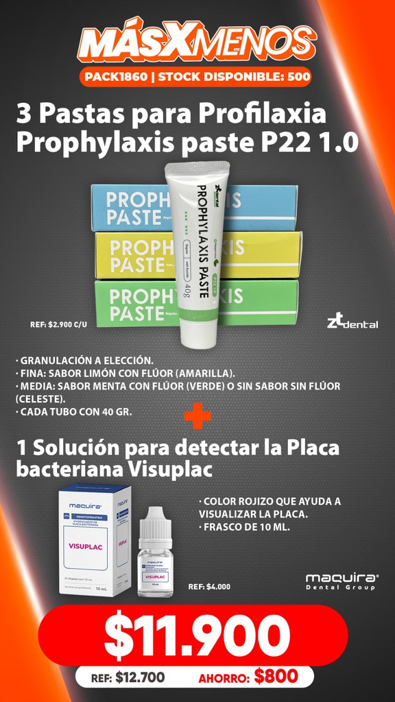 3 Pastas para Profilaxia Prophylaxis paste P22 1.0 ZT dental + 1 Solución detectar Placa bacteriana Visuplac Maquira Group
