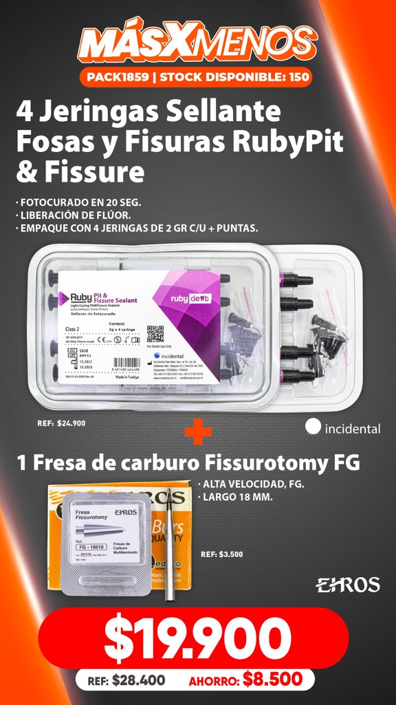 4 Jeringas Sellante Fosas y Fisuras RubyPit &amp; Fissure Incidental + 1 Fresa carburo Fissurotomy Ehros