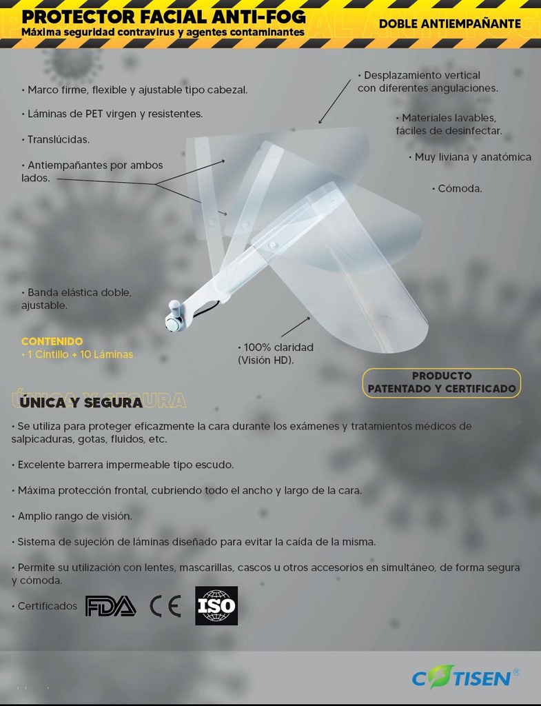 Protector Facial Face Shield Anti-Fog con 10 láminas Cotisen