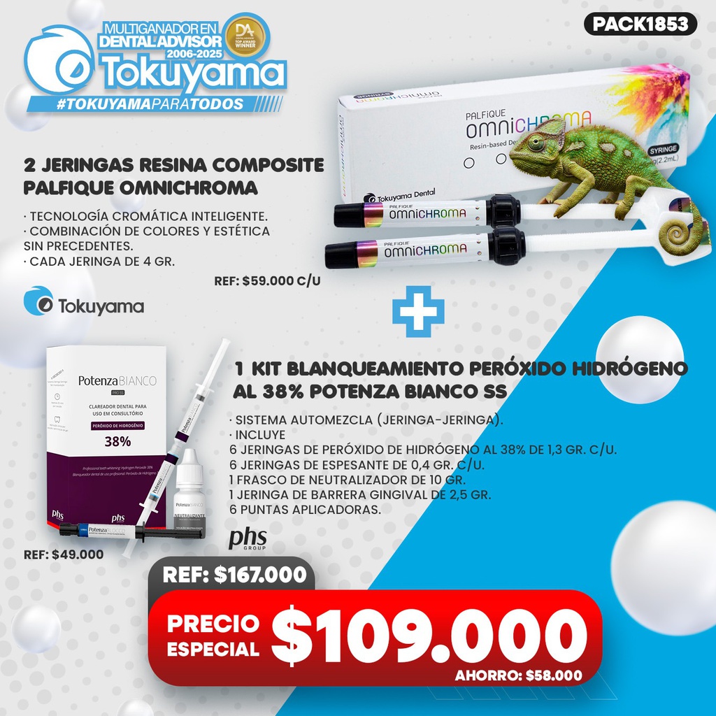 2 Jeringas Resina Palfique Omnichroma Tokuyama + 1 Kit Blanqueamiento Peróxido hidrógeno al 38% Potenza Bianco SS PHS