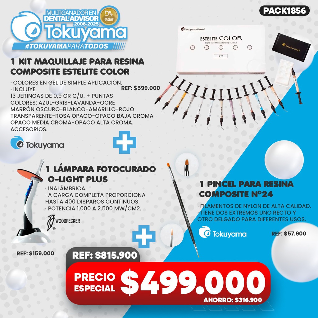 1 Kit Maquillaje para Resina Estelite Color Tokuyama + 1 Lámpara fotocurado O-Light Plus Woodpecker + 1 Pincel para Resina N°24 Tokuyama