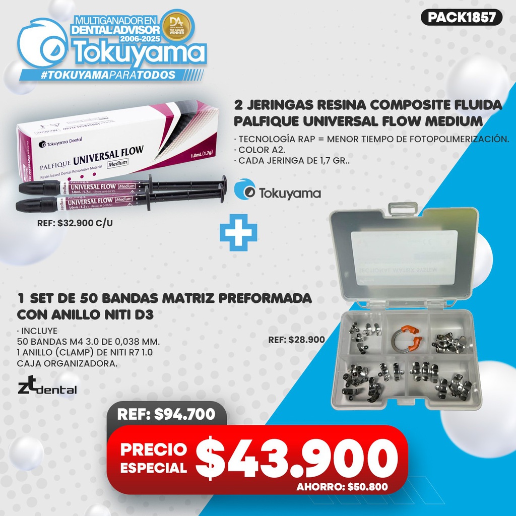 2 Jeringas Resina fluida Palfique Universal Flow M Tokuyama + 1 Set de 50 Bandas Matriz D3 ZT Dental