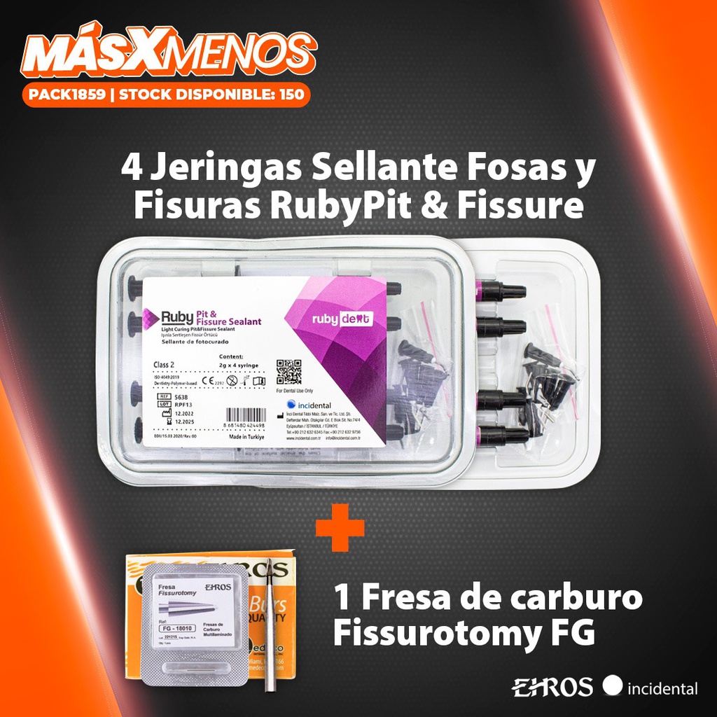 4 Jeringas Sellante Fosas y Fisuras RubyPit &amp; Fissure Incidental + 1 Fresa carburo Fissurotomy Ehros
