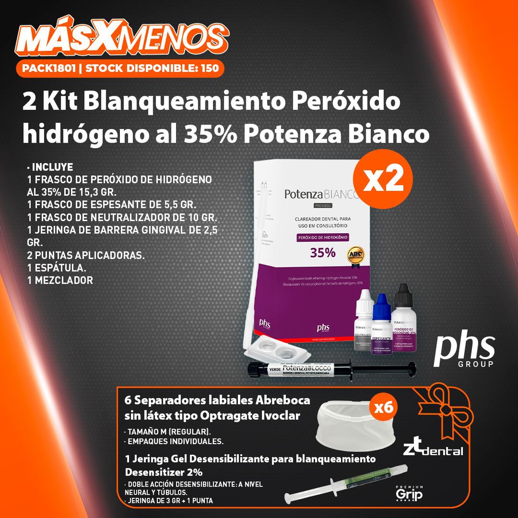 2 Kit Blanqueamiento Peróxido hidrógeno al 35% Potenza Bianco PHS + Regalos