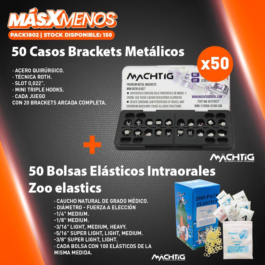 50 Casos Brackets Metálicos Machtig + 50 Bolsas Elásticos Intraorales Zoo elastics Machtig