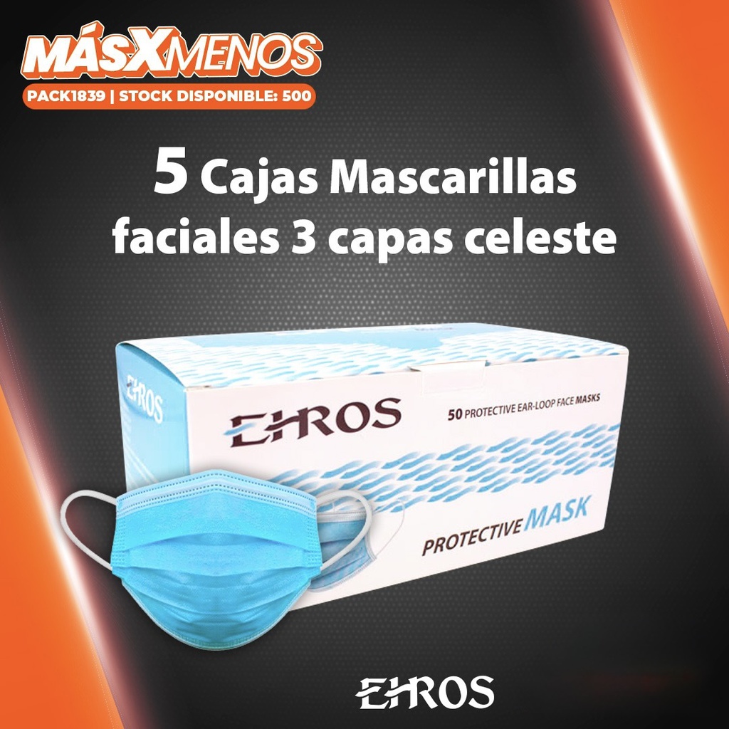 5 Cajas Mascarillas faciales 3 capas Ehros