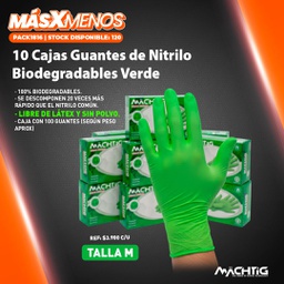[PACK1816] 10 Cajas Guantes de Nitrilo Biodegradables Verde "M" Machtig