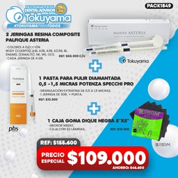 [PACK1849] 2 Jeringas Resina Palfique Asteria Tokuyama + 1 Pasta pulir 0,5 -1,5 micras Potenza Specchi Pro PHS + 1 Caja Goma Dique Negra Blossom