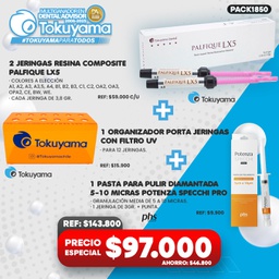 [PACK1850] 2 Jeringas Resina Palfique LX5 + 1 Organizador Jeringas con filtro UV Tokuyama + 1 Pasta pulir 5-10 micras Potenza Specchi Pro PHS