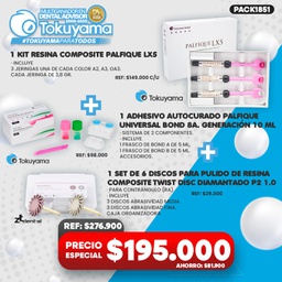 [PACK1851] 1 Kit Resina Palfique LX5 Tokuyama + 1 Adhesivo Palfique Universal Bond 8a. Generación Tokuyama + 1 Set de 6 Discos pulido Resina Twist disc P2 1.0 ZT Dental